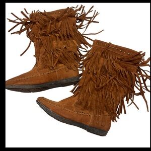 Rampage boho BROWN suede long fringe BOOTS RAM-CAMBRA womens 7M, Moccasin WS1140